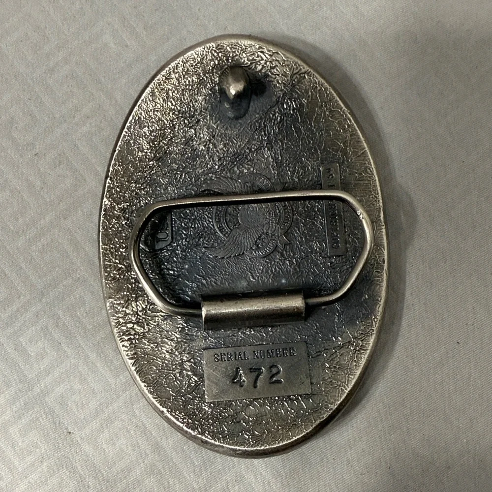 Vintage 1980 Leaping Buck Deer Mountain Backdrop Belt Buckle Made in USA #472
